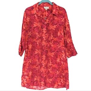 Vintage ikat watercolor pink print Rayon long tunic shirt medium A1